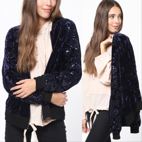 Velvet Bomber Jacket with Sequin Sleeves - Picture 2 of 4